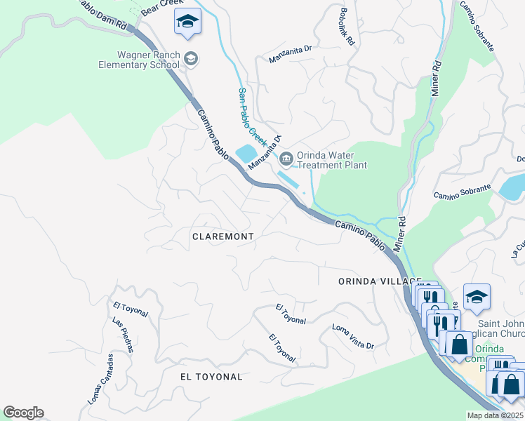 map of restaurants, bars, coffee shops, grocery stores, and more near 32 California Avenue in Orinda
