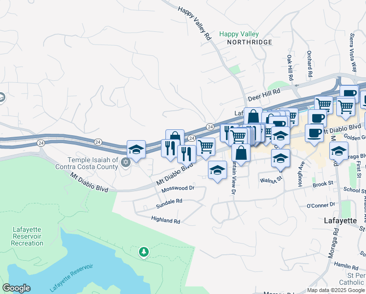map of restaurants, bars, coffee shops, grocery stores, and more near 70 Woodbury Highlands Place in Lafayette