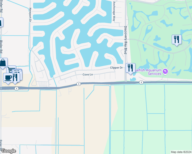 map of restaurants, bars, coffee shops, grocery stores, and more near 2475 Santa Barbara Court in Discovery Bay