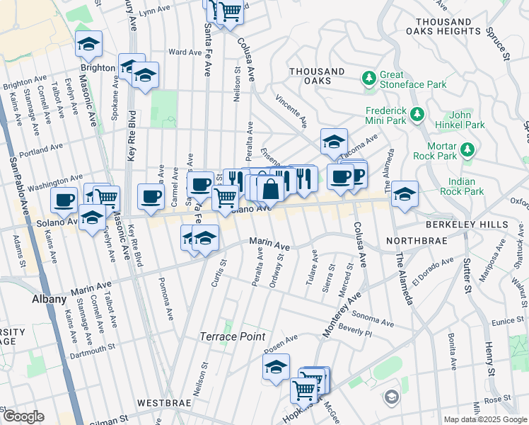 map of restaurants, bars, coffee shops, grocery stores, and more near 1617 Tacoma Avenue in Berkeley