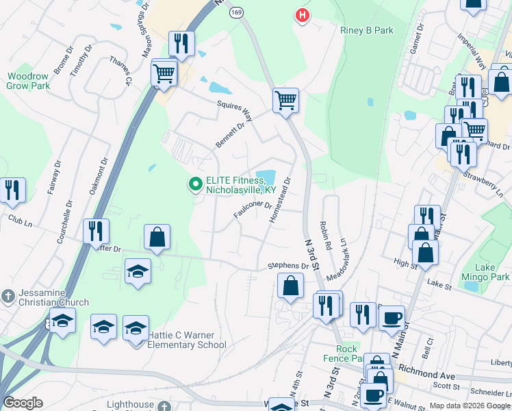 map of restaurants, bars, coffee shops, grocery stores, and more near 104 Frederick Road in Nicholasville