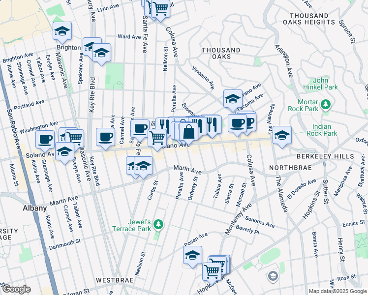 map of restaurants, bars, coffee shops, grocery stores, and more near 1617 Tacoma Avenue in Berkeley