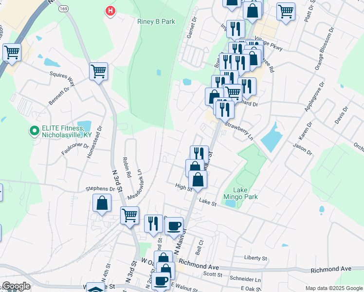 map of restaurants, bars, coffee shops, grocery stores, and more near 123 Cottage Street in Nicholasville
