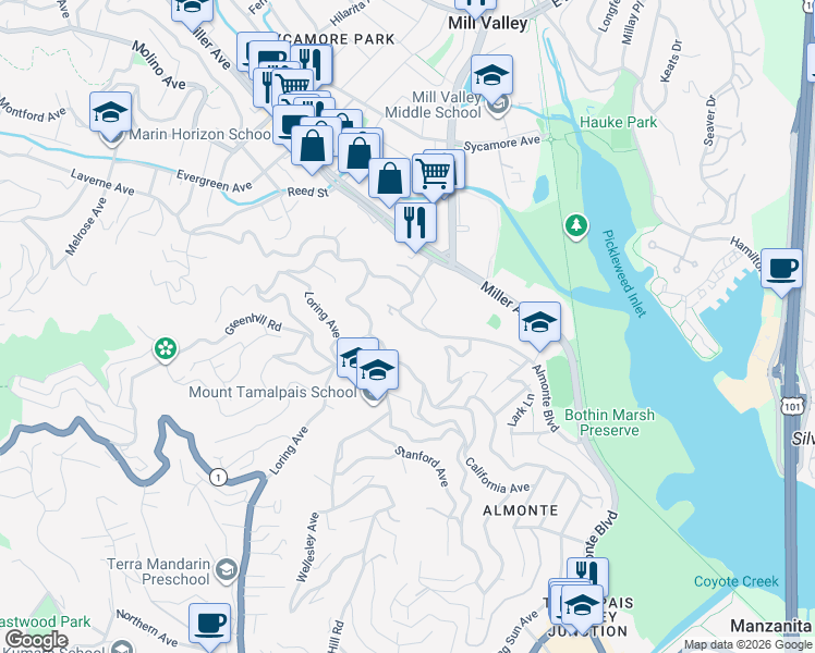 map of restaurants, bars, coffee shops, grocery stores, and more near 29 Homestead Boulevard in Mill Valley