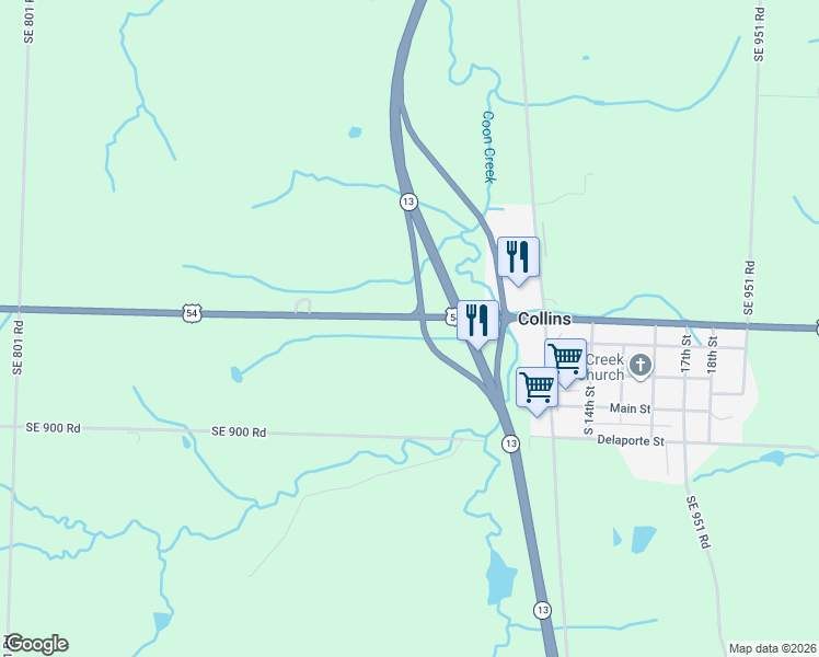 map of restaurants, bars, coffee shops, grocery stores, and more near Highway 13 in Collins