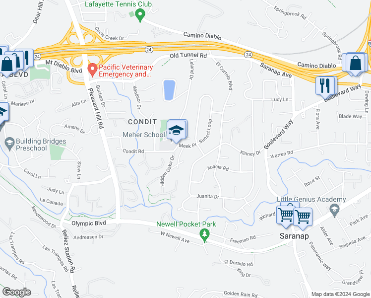 map of restaurants, bars, coffee shops, grocery stores, and more near 10 Carolyn Court in Lafayette