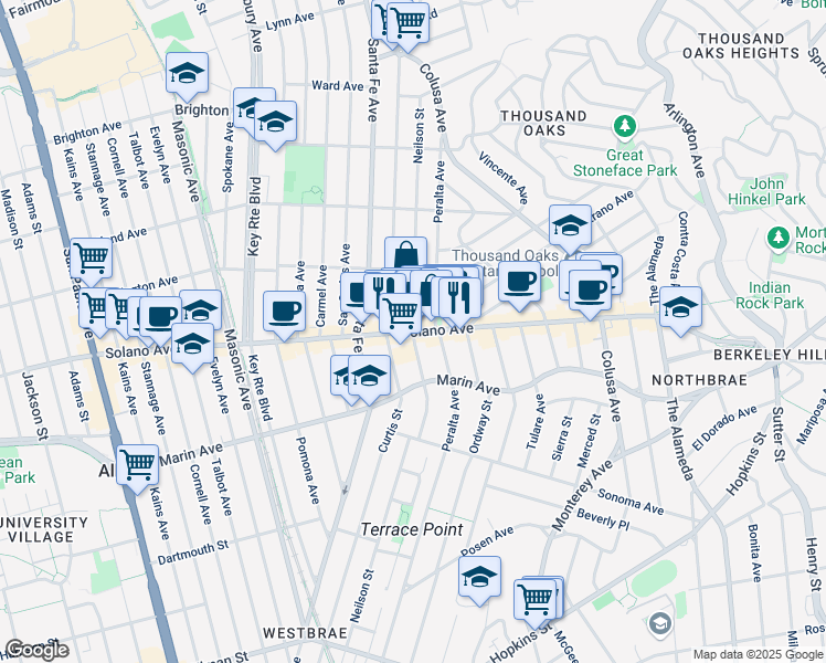 map of restaurants, bars, coffee shops, grocery stores, and more near Solano Ave & Neilson St in Albany