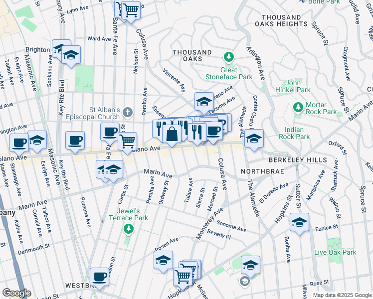 map of restaurants, bars, coffee shops, grocery stores, and more near 889 Ensenada Avenue in Berkeley