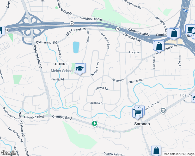 map of restaurants, bars, coffee shops, grocery stores, and more near 1232 Sunset Loop in Lafayette
