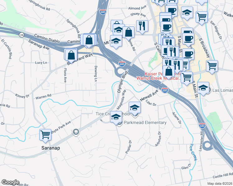 map of restaurants, bars, coffee shops, grocery stores, and more near 328 North Villa Way in Walnut Creek
