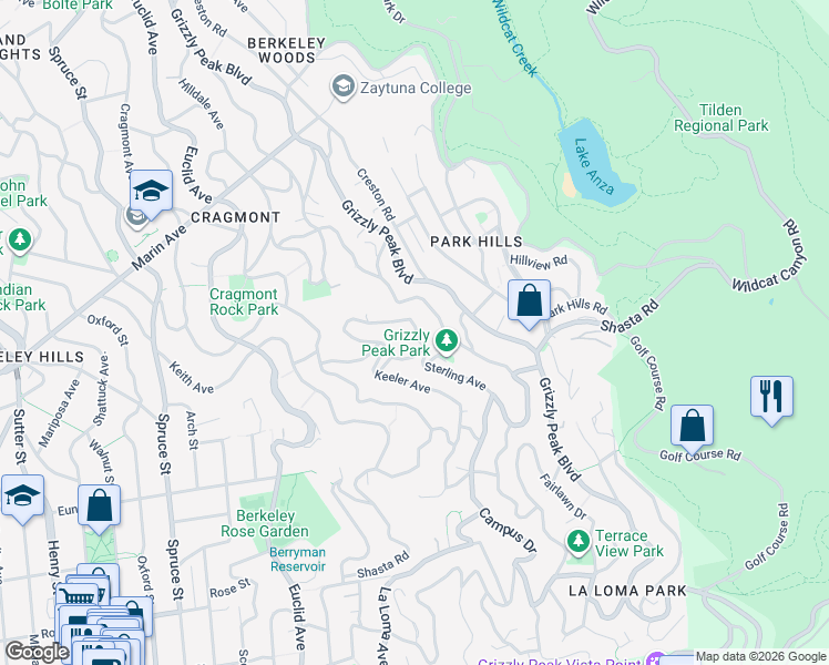 map of restaurants, bars, coffee shops, grocery stores, and more near 1093 Sterling Avenue in Berkeley