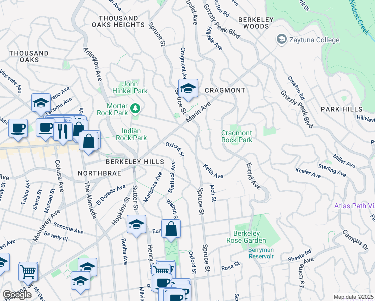 map of restaurants, bars, coffee shops, grocery stores, and more near 932 San Benito Road in Berkeley