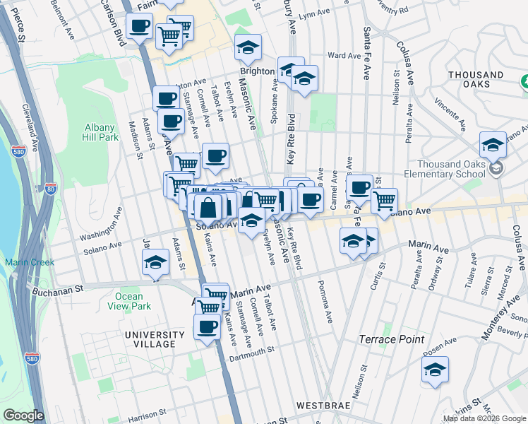 map of restaurants, bars, coffee shops, grocery stores, and more near 832 Evelyn Avenue in Albany