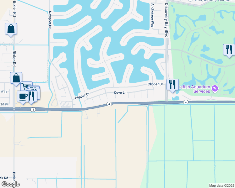 map of restaurants, bars, coffee shops, grocery stores, and more near 2431 Pismo Court in Discovery Bay