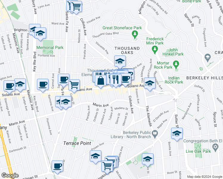 map of restaurants, bars, coffee shops, grocery stores, and more near 889 Ensenada Avenue in Berkeley