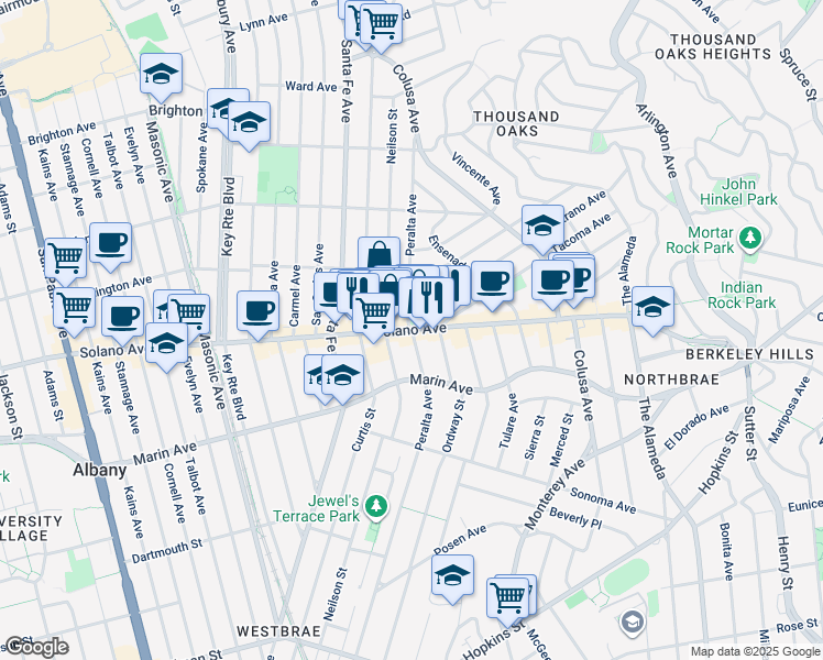 map of restaurants, bars, coffee shops, grocery stores, and more near Solano Ave & Peralta Ave in Albany