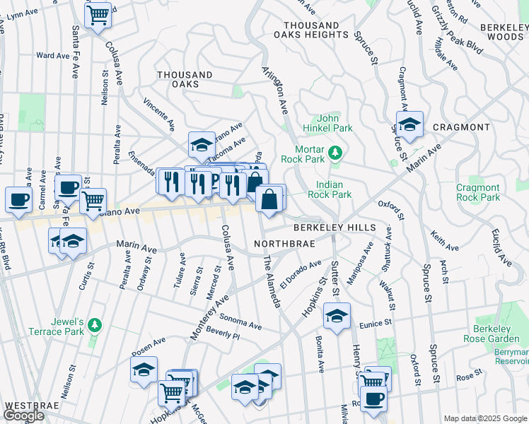 map of restaurants, bars, coffee shops, grocery stores, and more near 899 The Alameda in Berkeley
