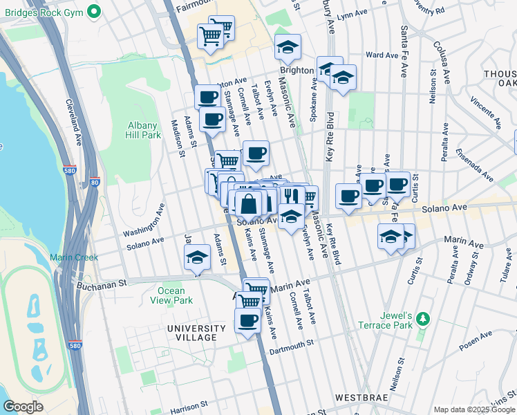 map of restaurants, bars, coffee shops, grocery stores, and more near 833 Stannage Avenue in Albany