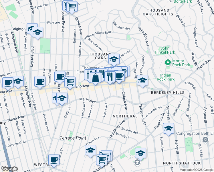 map of restaurants, bars, coffee shops, grocery stores, and more near 889 Ensenada Avenue in Berkeley