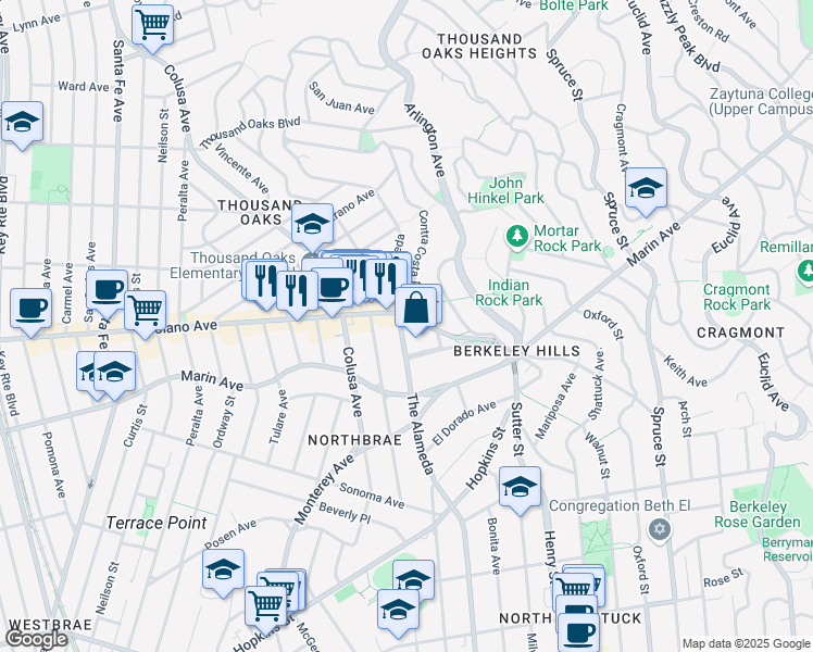 map of restaurants, bars, coffee shops, grocery stores, and more near 899 The Alameda in Berkeley