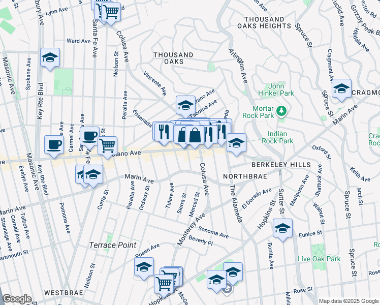 map of restaurants, bars, coffee shops, grocery stores, and more near 1799 Solano Avenue in Berkeley