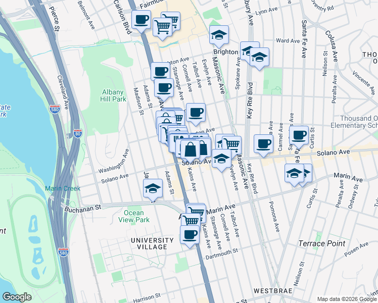 map of restaurants, bars, coffee shops, grocery stores, and more near 825 Kains Avenue in Albany