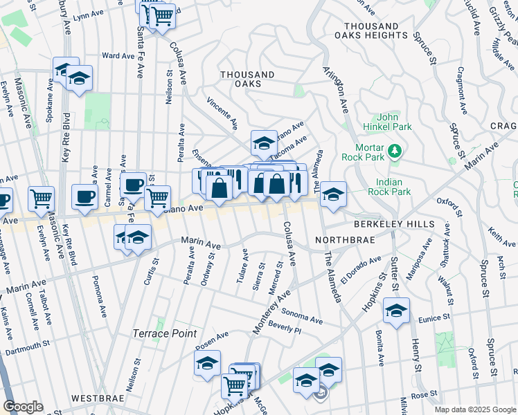 map of restaurants, bars, coffee shops, grocery stores, and more near 889 Ensenada Avenue in Berkeley