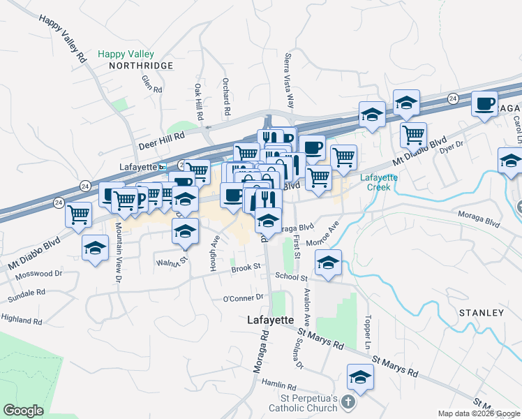 map of restaurants, bars, coffee shops, grocery stores, and more near 975 Moraga Road in Lafayette