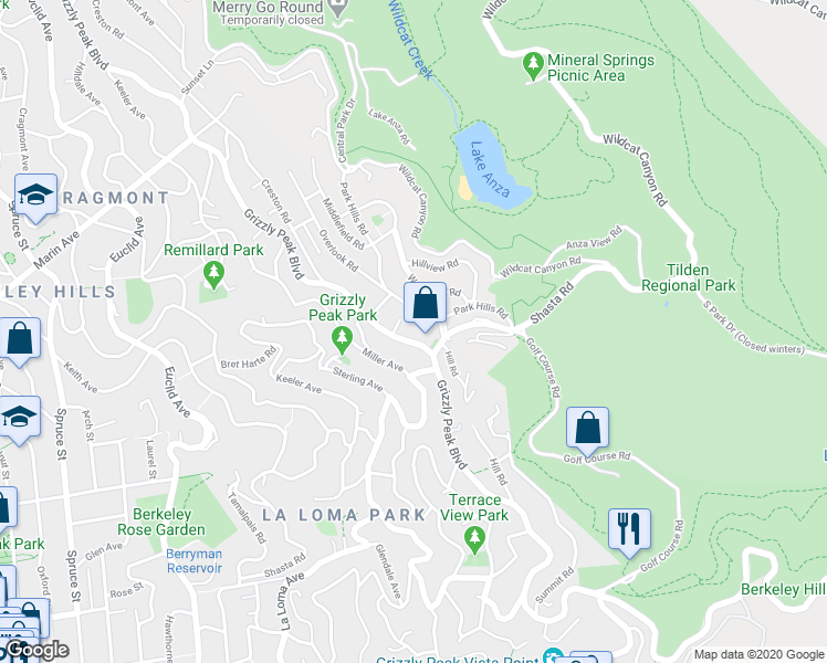 map of restaurants, bars, coffee shops, grocery stores, and more near 1120 Park Hills Road in Berkeley
