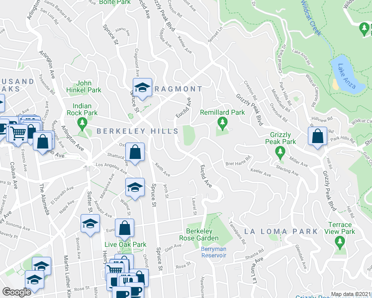 map of restaurants, bars, coffee shops, grocery stores, and more near 1049 Cragmont Avenue in Berkeley