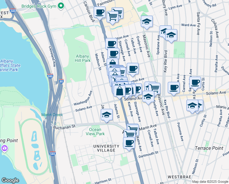 map of restaurants, bars, coffee shops, grocery stores, and more near 828 San Pablo Avenue in Albany