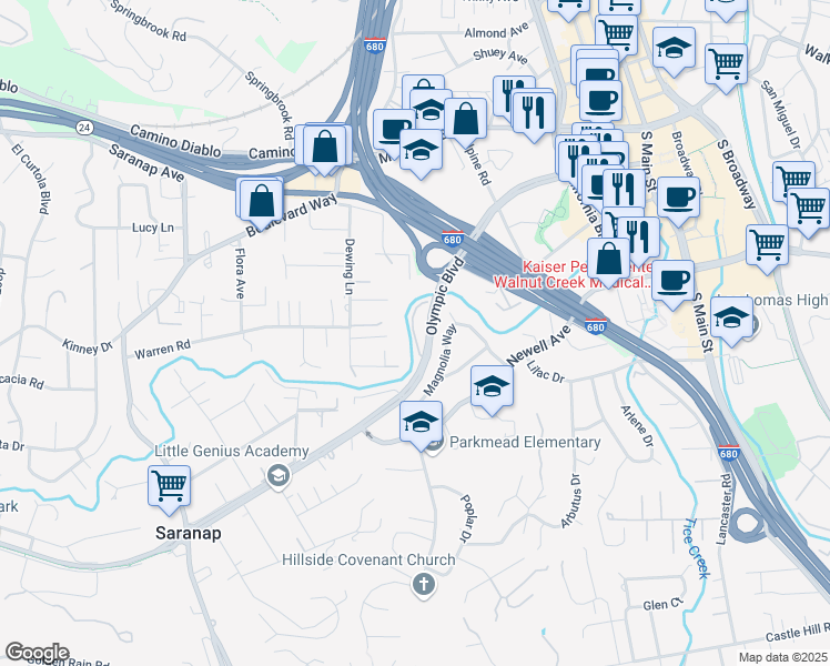 map of restaurants, bars, coffee shops, grocery stores, and more near North Villa Way in Walnut Creek