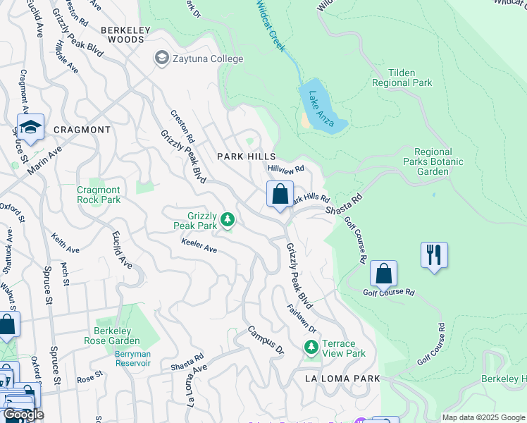 map of restaurants, bars, coffee shops, grocery stores, and more near 1161 Grizzly Peak Boulevard in Berkeley