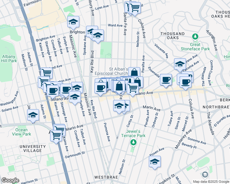 map of restaurants, bars, coffee shops, grocery stores, and more near 848 San Carlos Avenue in Albany