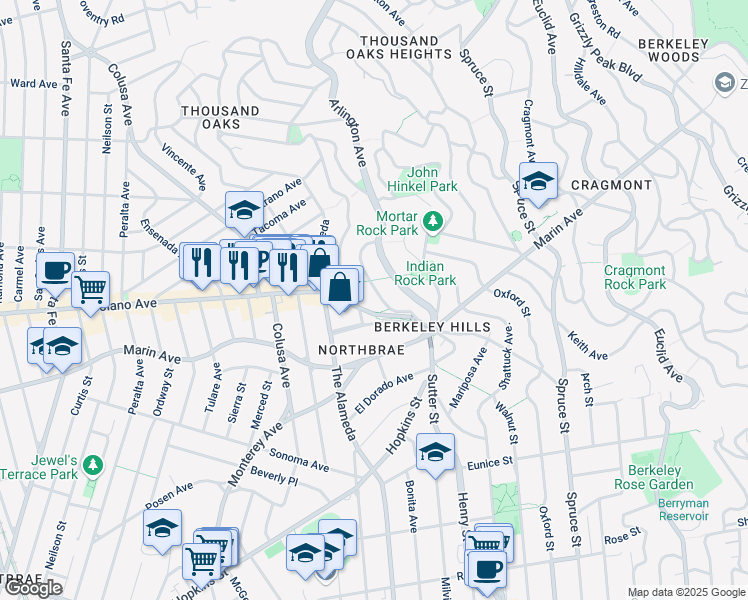 map of restaurants, bars, coffee shops, grocery stores, and more near 909 Contra Costa Avenue in Berkeley