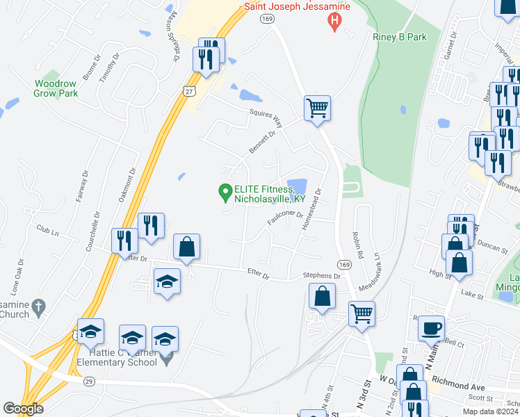 map of restaurants, bars, coffee shops, grocery stores, and more near 248 Bass Pond Glen Drive in Nicholasville