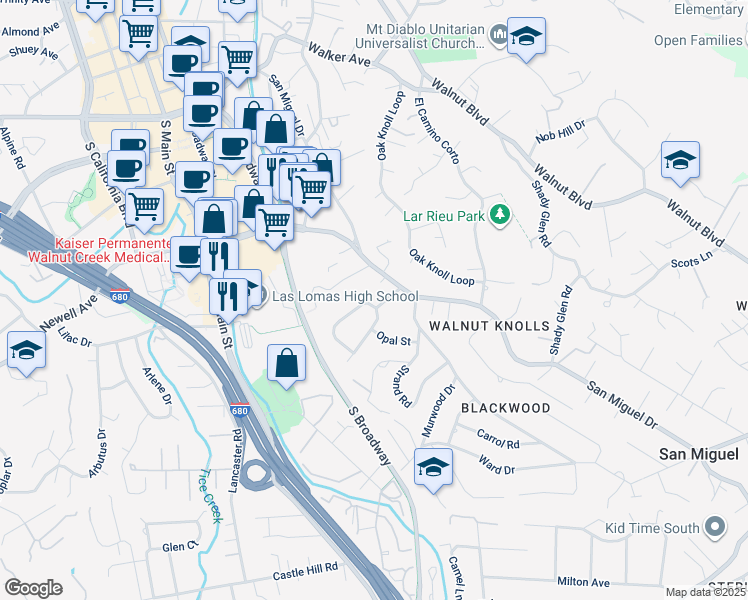 map of restaurants, bars, coffee shops, grocery stores, and more near 10 Santa Rita Drive in Walnut Creek