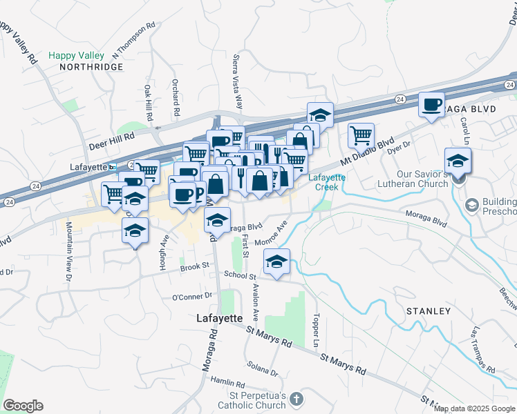 map of restaurants, bars, coffee shops, grocery stores, and more near 3477 Golden Gate Way in Lafayette