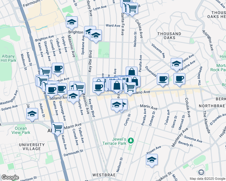 map of restaurants, bars, coffee shops, grocery stores, and more near 839 San Carlos Avenue in Albany