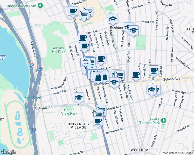 map of restaurants, bars, coffee shops, grocery stores, and more near 815 Kains Avenue in Albany