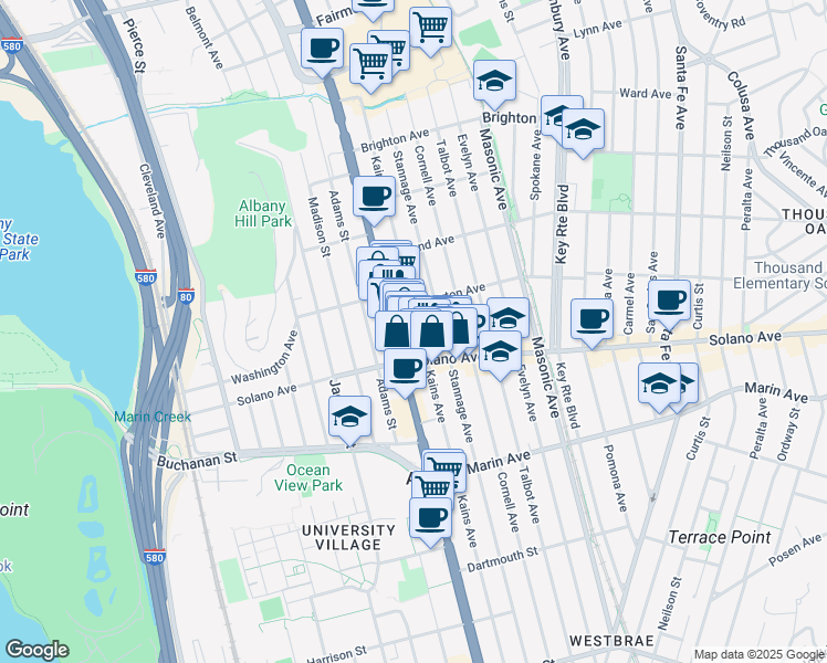 map of restaurants, bars, coffee shops, grocery stores, and more near 815 Kains Avenue in Albany