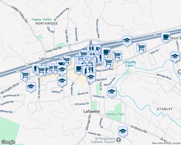 map of restaurants, bars, coffee shops, grocery stores, and more near in Lafayette
