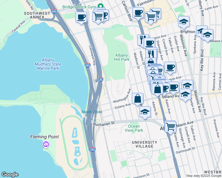 map of restaurants, bars, coffee shops, grocery stores, and more near Gateview Avenue in Albany