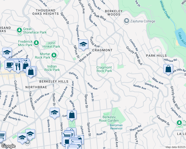 map of restaurants, bars, coffee shops, grocery stores, and more near 1001 Cragmont Avenue in Berkeley