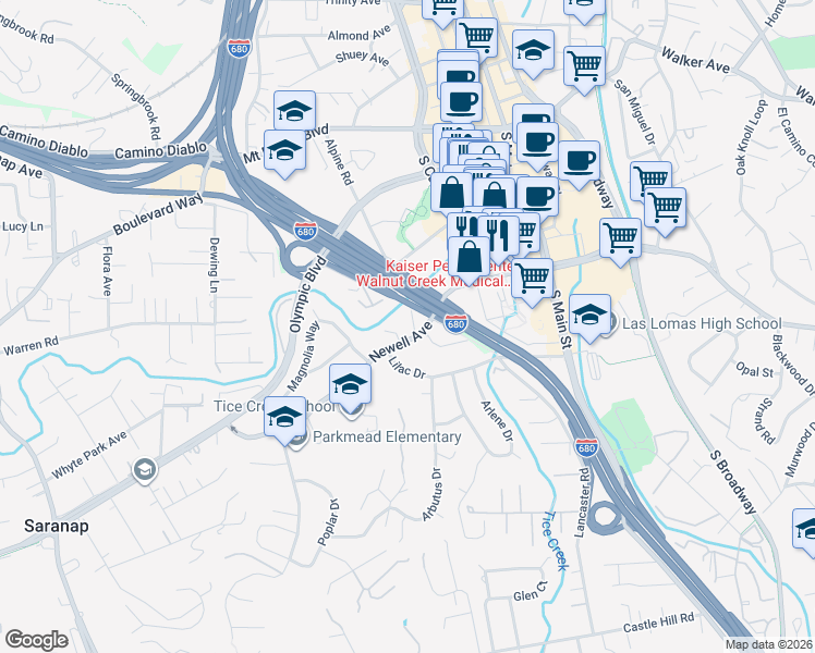 map of restaurants, bars, coffee shops, grocery stores, and more near 1690 Newell Avenue in Walnut Creek