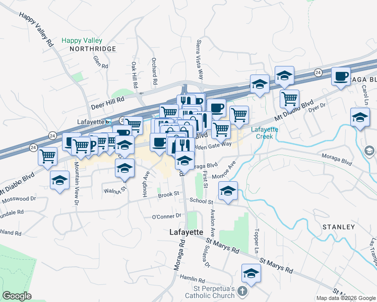 map of restaurants, bars, coffee shops, grocery stores, and more near 3523 Golden Gate Way in Lafayette