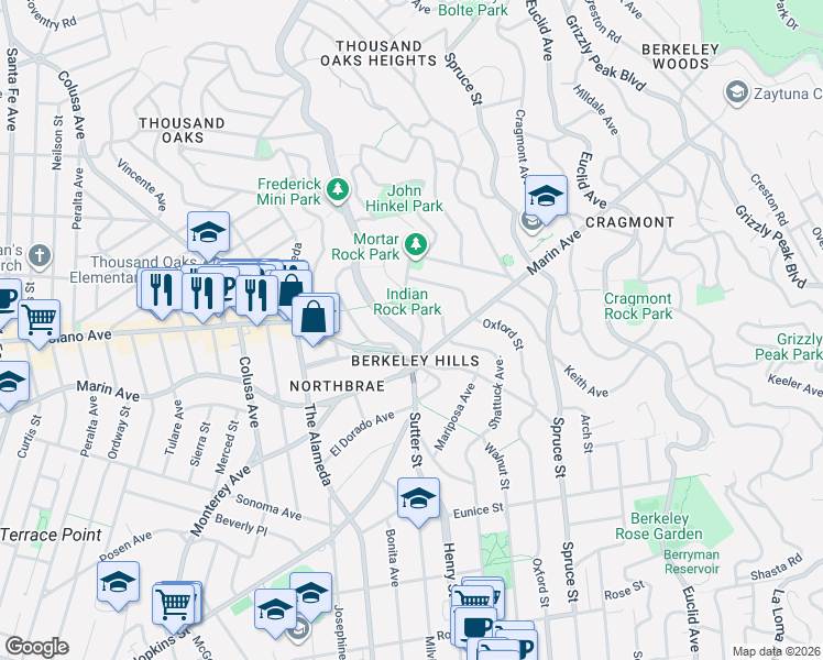 map of restaurants, bars, coffee shops, grocery stores, and more near 961 Arlington Avenue in Berkeley