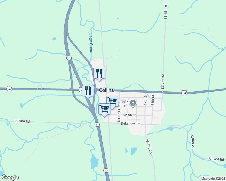 map of restaurants, bars, coffee shops, grocery stores, and more near U.S. 54 in Collins