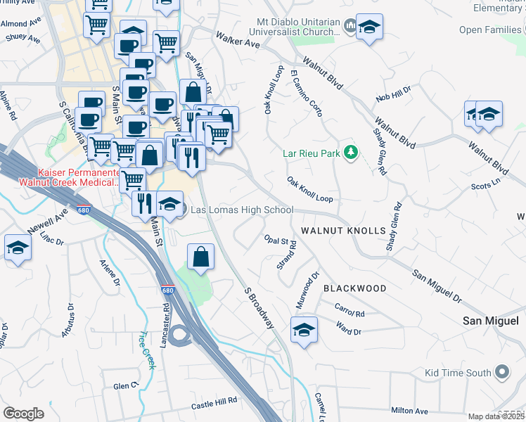 map of restaurants, bars, coffee shops, grocery stores, and more near 20 Santa Rita Drive in Walnut Creek