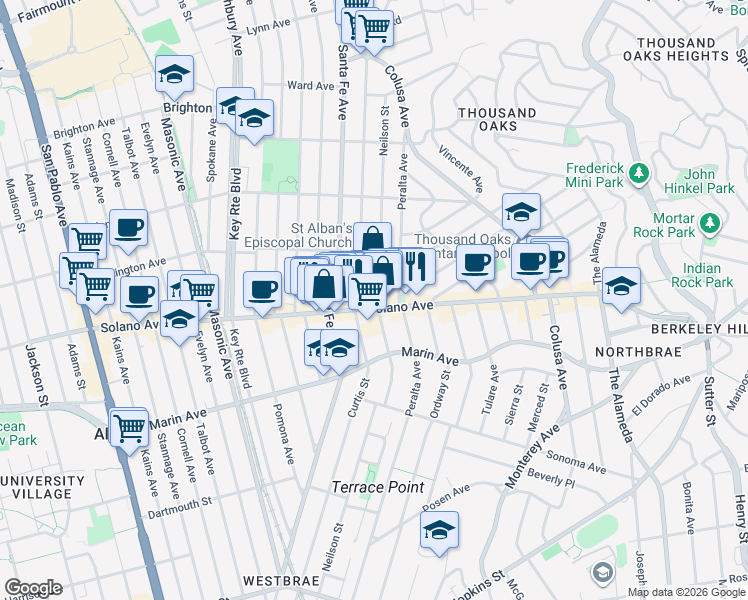 map of restaurants, bars, coffee shops, grocery stores, and more near 835 Curtis Street in Albany
